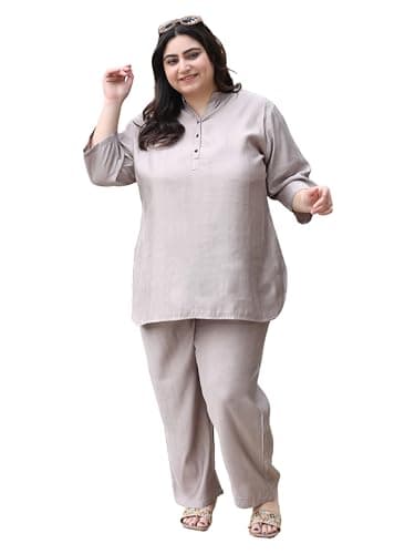 TITTLI Bronze Rayon Co-Ord Set | Plus Size Mandarin Collar Tunic with Three-Quarter Sleeves & Elastic Waist Trousers for Women | Casual Outfit (Bronze, 4XL)