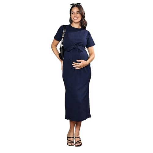 MomToBe Women's Bodycon Calf Length Polyester Maternity Dress for Pre and Post Pregnancy (Indigo Blue ; Large)