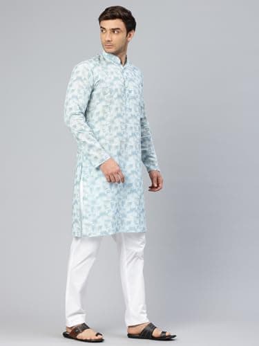 Majestic Man Cotton Mandarin Collar Ethnic Motifs Printed Long Regular Fit Kurta For Men (X-Large, Sky Blue) 3