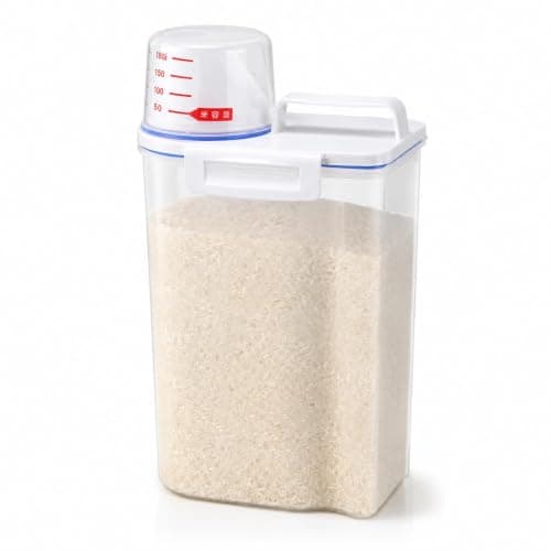1.5L Rice Storage Container - Airtight Food Storage Dispenser with Measuring Cup & Pour Spout – BPA-Free Plastic Bin for Kitchen Organization, Cereal, Flour, Pulses, Sugar & Grains (Pack of 1)