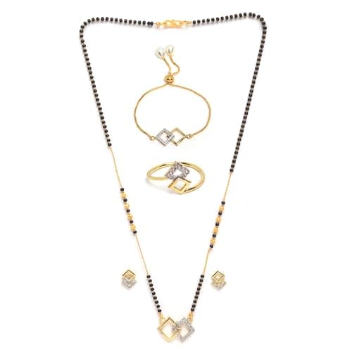 ZENEME Gold Plated Mangalsutra Tanmaniya Nallapusalu Black Bead Beaded & Bracelet, Ring, Earrings For Women and Girls (Design-2)