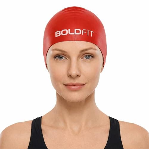 Boldfit Silicone Swimming Cap for Men, Women & Kids - Easy Fit, Long Hair - Red
