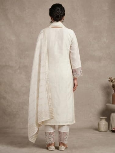 INBMORA Women Pure Mal Chanderi Kurta Pant Dupatta Set | White Embroidered Ethnic Suit Set for Women | Floral Embroidery Kurta with Mul Cotton Dupatta (IN, Alpha, 2XL, Regular) 2