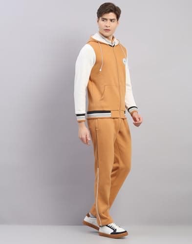 Monte Carlo Men's Regular Fit Solid Hooded Full Sleeve Tracksuit| Men Track Suit | Stylish Sportswear Set with Jacket and Lower | Activewear Set For Men's Camel Brown 3XL 3
