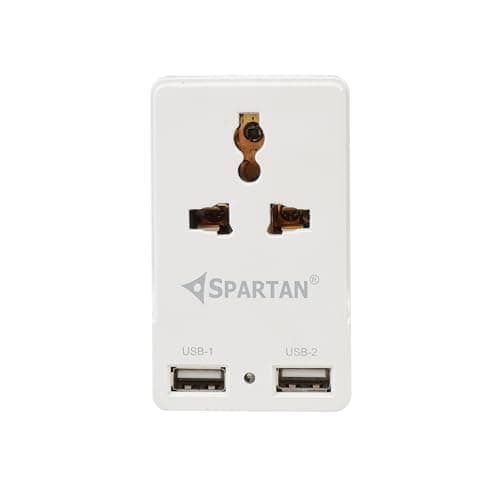 Spartan 3 Pin All Multiplug Charger/Travel Adapter, 10A Power Sockets / 2Pin & 3Pin Socket Adapter with Dual USB Charging Port (White, Pack of 1)
