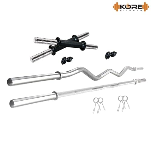 Kore PVC 15 Kg Home Gym Set with One 3 Ft Plain + One 3 Ft Curl Rod and One Pair Dumbbell Rods, Multicolour 3