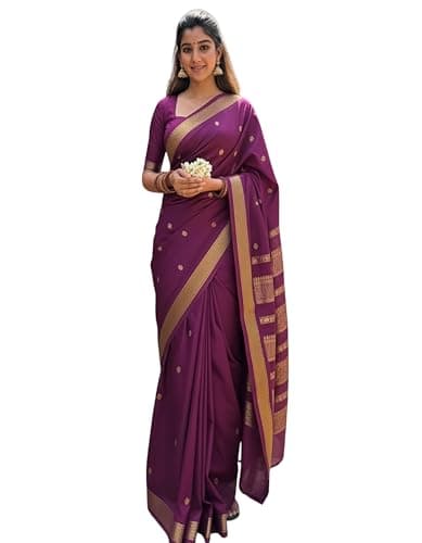 Anjaneya Sarees Woven Solid Designer Banarasi Silk Saree With Blouse (Purple)