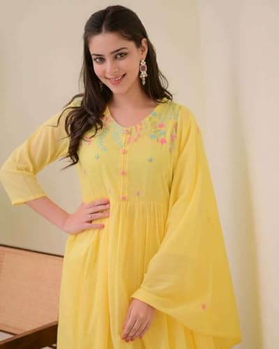 JEENAX_INDIA CREATION'S Women's Cotton Embroidered Anarkali Kurti with Pant and Dupatta Set (Yellow-L) 2
