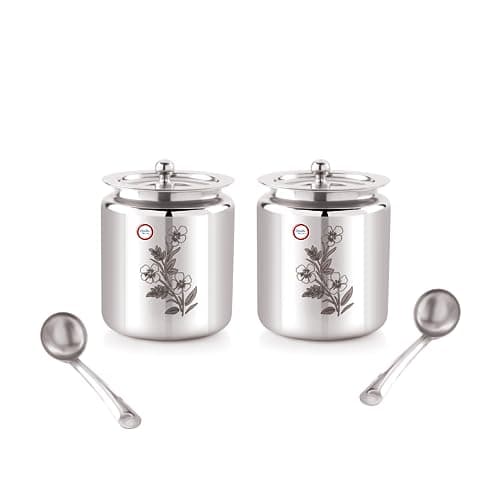 Opullo Stainless Steel Ghee Container with Lid and Spoon for Kitchen | Oil Containers for Kitchen Steel | Steel Oil Container | Steel Ghee Pot with Spoon | Jar | Ghee Dani | 500 Ml | Pack of 2