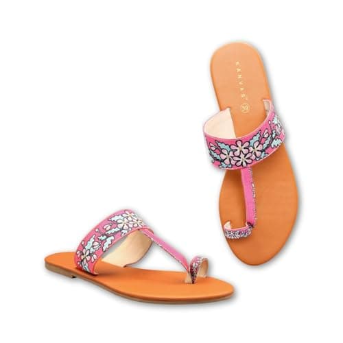 Kanvas Kolhapuri Chappal for Women - Flat Sandals - Ethnic Slippers - Stylish Slip-on - Comfortable - Traditional Footwear - Pink Floral Digital Art Design