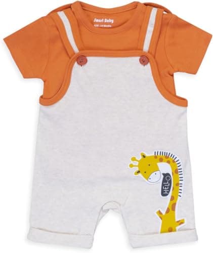 Smart Baby Infant Romper with T-Shirt | Cotton Dungaree Style Baby Dress with Giraffe Print | Soft & Breathable Baby Outfit for Boys & Girls (IN, Age, 3 Months, 6 Months, Regular, Orange)