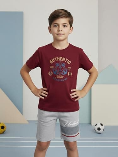 HELLCAT Boys Printed Round Neck T-Shirt with Shorts Set | Multicolor | Pack of 3_Maroon_9-10Years 2