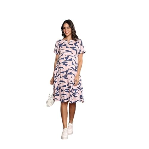 MomToBe Women's Rayon Maternity Dress/Pregnancy Dress/Easy Breastfeeding Dress/Feeding Dress/Western Dress with Zippers for Nursing Pre and Post Pregnancy (Apricot Pink ; X-Large)