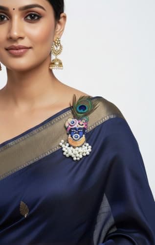 Shree Nath Ji Brooch with Peacock Feather & Synthetic Pearl | Handmade Devotional Cardboard/Crushwood Brooch | Shrinathji Krishna Ethnic for Women & Men | Festive Gift 3