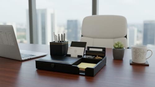 HIGHREAD Premium Leather Desk Organizer, Black, Stationery Holder with Multiple Compartments, Office Accessories Storage Tray
