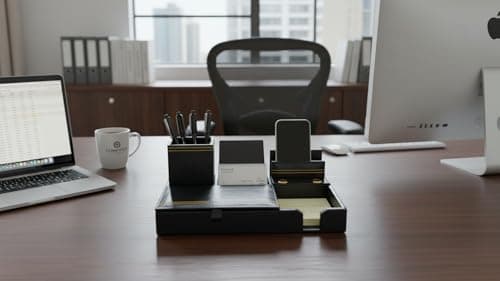 HIGHREAD Premium Leather Desk Organizer, Black, Stationery Holder with Multiple Compartments, Office Accessories Storage Tray 3