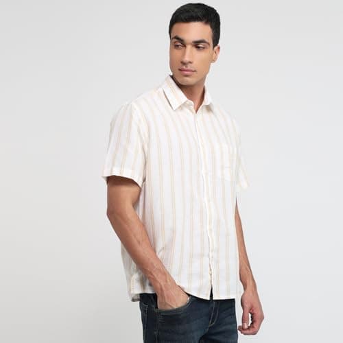 Colorplus Men Comfort Fit Stripe Pattern Linen Cotton Blend Plain Collar Half Sleeve Casual Shirt Yellow 3