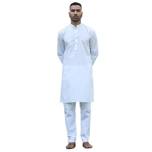 KRAFT INDIA Men's Cotton Kurta Pyjama Set | Woven Design Traditional Ethnic Wear | Festive, Wedding & Casual Outfit | Comfortable & Breathable Fabric (White, X-Large)