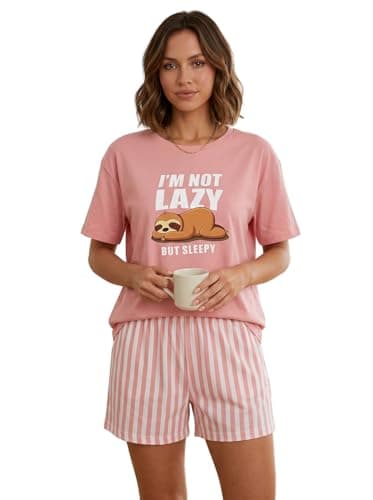 HELLCAT Women Co-ords Loungewear & Sleepwear Set | Relaxed Fit Round Neck Graphic Print Top with Striped Shorts | Breathable Cotton Blend Nightwear, Night Dress, Lounge Wear, Summer Homewear