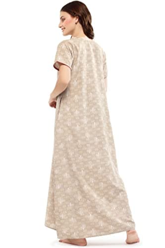 ZEYO Women Polyester Maxi Beige Leaf Printed Nighty Night Gown 5684, Medium 5
