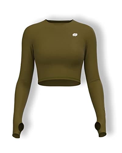 Sfytt Women's Activewear Crop Top, Long Sleeve with Thumbholes, Performance Gym Workout Top, Athletic Yoga Top, Olive, X-Small
