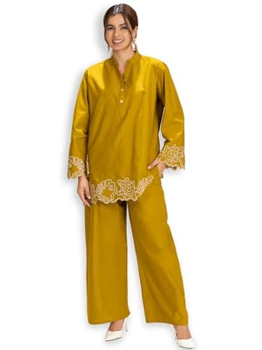 TITTLI Women Pure Cotton Embroidered Co-ord Set | Mandarin Collar Tunic & Trouser Set with Star Stitch Work | Full Sleeves | Regular Fit | Side Pocket | M to XXL