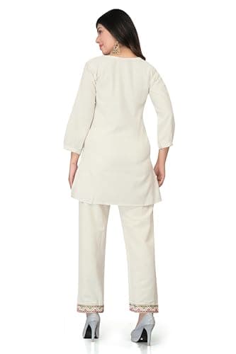 Birdhaus s Women's Khadi Cotton Embroidered Co-Ord Set | Ethnic Tunic Kurta with Pant| Floral Bird & Elephant Embroidery | V-Neck | 3/4 Sleeve | Casual Office Wear (Pack of 1) (3161-2XL) 2