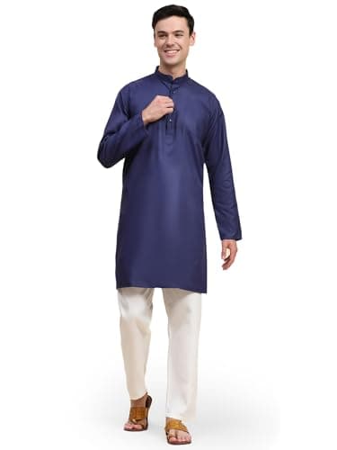SKAVIJ Men's Casual Traditional Ethnic Straight Kurta Pyjama Regular Outfit Navy_Small
