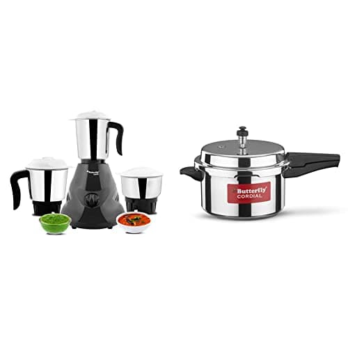 Butterfly Hero Mixer Grinder, 500W, 3 Jars (Grey) & Butterfly Cordial Non Induction Base Aluminium Pressure Cooker with Outer Lid, 5 Litres, Silver