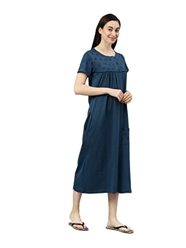 KRYPTIC Womens Teal Blue Printed Pure Cotton Maxi Nightdress(Teal Blue-L) 2