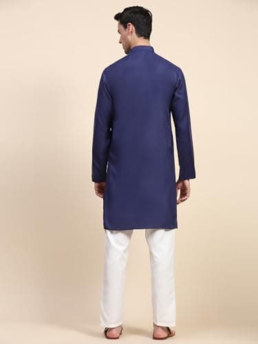 SKAVIJ Men's Casual Traditional Ethnic Straight Kurta Pyjama Regular Outfit Navy_Small 2
