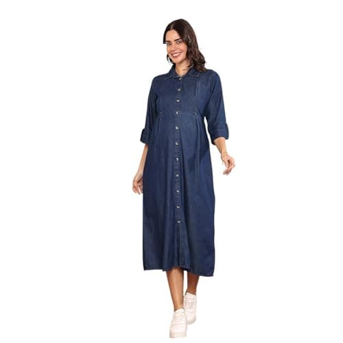 MomToBe Women's Cotton Maternity Denim/Pregnancy Dress/Easy Breastfeeding/Western Dress with Zippers for Nursing Pre and Post Pregnancy (Dark Blue - Large)