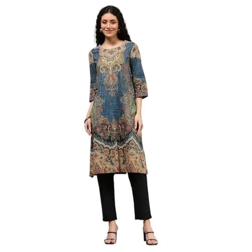 Biba Women Blue Cotton Straight Printed Kurta_40