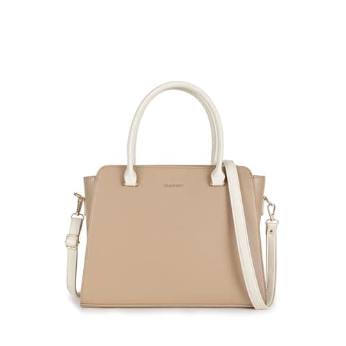 Fastrack PebbleEdge camel Satchel | Faux-Leather Women’s Handbag | Structured Satchel with Triple Compartments & Gold Accents