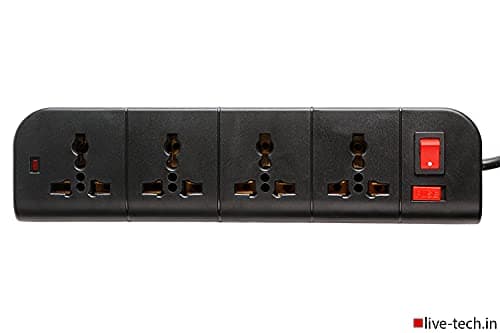Live Tech PS07 4 Socket Brass Rust Free, 6ft Extension Cord 3 Pin Plug Spike Guard Power Strip Wall Mount (Black) 3