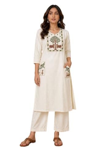 Women Pure Cotton Kurta Palazzo Set | Sleeveless Printed Kurta with Palazzo Pants | Summer Friendly, Office Wear Co-Ord Set (IN, Alpha, 2XL, Regular, Women, White)