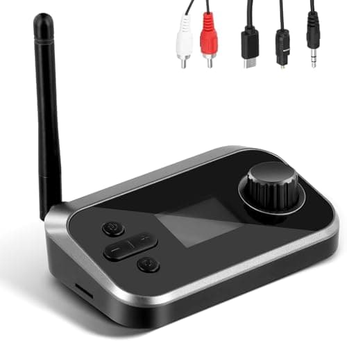 MICROWARE Bluetooth 5.0 Audio Transmitter Receiver with Mic Stereo Optical AUX 3.5mm RCA, with AUX/Optical/RCA, Dual Link Support for TV, PC, Home Stereo, Speakers & Headphones
