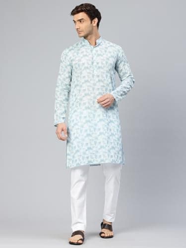 Majestic Man Cotton Mandarin Collar Ethnic Motifs Printed Long Regular Fit Kurta For Men (X-Large, Sky Blue) 2
