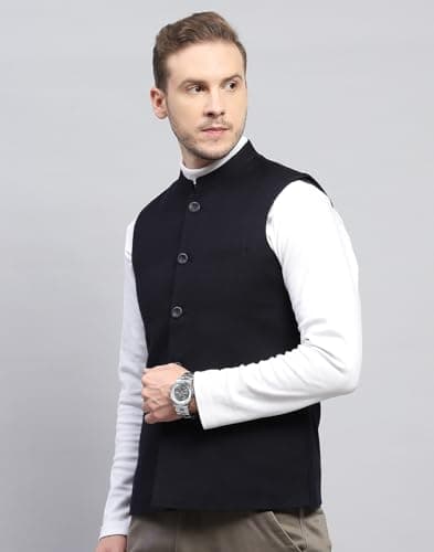 Monte Carlo Mens Solid Navy Blue Band Neck Sleeveless Coat (223061875-13-42) 2