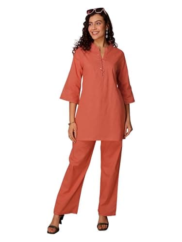 TITTLI Women Pure Cotton Co-Ord Set | Straight Tunic & Trouser Set | Mandarin Collar 3/4 Sleeve and elasticed Waistband Casual Two Piece Outfit | M | L | XL | XXL Peach