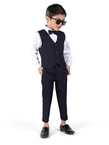Earth Conscious Boys Suit Set | Navy Blue Full Sleeve Blazer with White Shirt, Waistcoat, Bow-Tie & Pants | Premium Ethnic Wear for Kids | Perfect for Weddings | for Baby Boys 11-12 Years 2