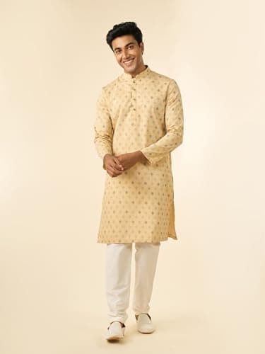 DIWAS BY MANYAVAR Men's Cotton Blend Ethnic Motifs Printed Full Sleeves Kurta (Beige,M) 4