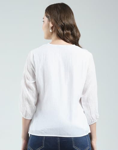 Monte Carlo Women's Regular Fit Self Designed Round Neck Top | 3/4 Sleeve | Casual Wear | Stylish & Comfortable | Everyday Wear Top for Women White S (Pack of 1) 4