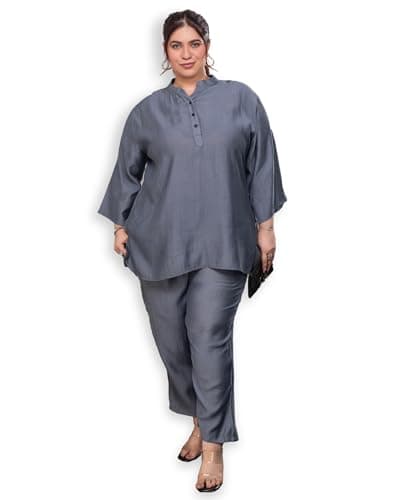 TITTLI Dark Grey Rayon Co-Ord Set | Plus Size Mandarin Collar Tunic with Three-Quarter Sleeves & Elastic Waist Trousers for Women | Casual Outfit (Dark Grey, 5XL)