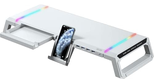 acer Ergo Multifunction Monitor & Laptop Stand Featuring RGB Lighting and a 4-Port USB Hub with Aluminum Multi Keyboard Storage Space Bar, Suitable for Both Office and Home Environments (White)