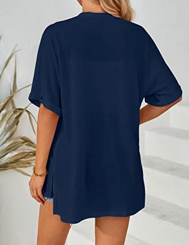 MEROKEETY Women's 2026 Summer Lightweight Kimono Cardigan Short Sleeve Open Front Casual Loose Trendy Beach Cover Ups, Navy, Medium 4