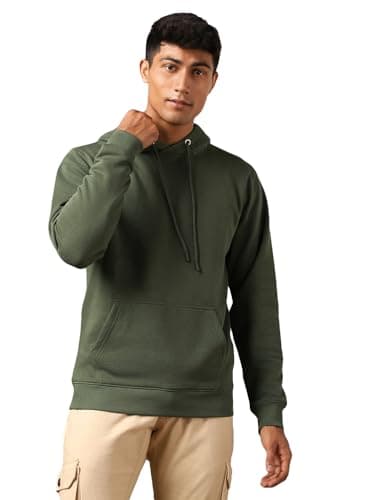 NOBERO Elegant Unisex Olive Green Cotton Solid Plain Hoody Sports Winter Gym Workout Running Travel Trekking Hooded Sweatshirts and Hoodies for Unisex Cotton Winter Casual Wear Without Zipper-L