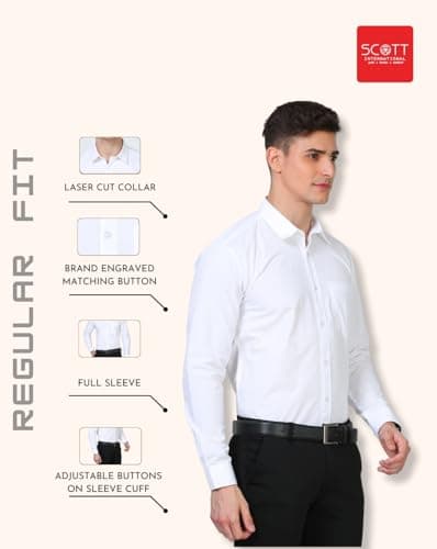 Scott International Men's Formal Shirt | Full Sleeve Wrinkle Resistant Cotton Blend | Spread Collar Regular Fit | Office, Business & Casual Wear | Solid Plain - White 4