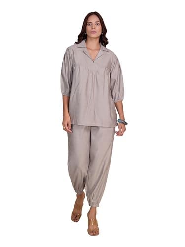 TITTLI Rayon Co-Ord Set for Women's | Collared V-Neck Pleated Tunic with Three-Quarter Sleeves & Elastic Waist Relaxed Fit Trousers | Casual & Travel Wear Outfit | Summer Co-Ords