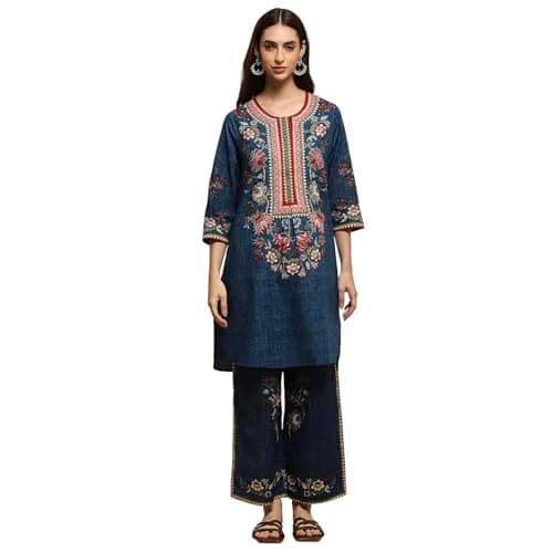 Biba Women Blue Cotton Straight Printed Kurta Pants Set_34